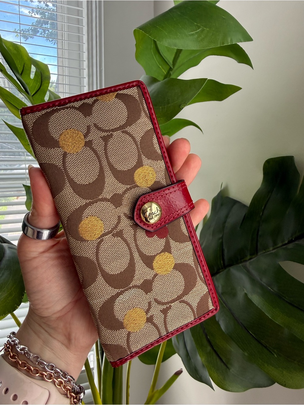 Coach Brown Signature Canvas Card Holder Wallet with Red Trim and Yellow Accents